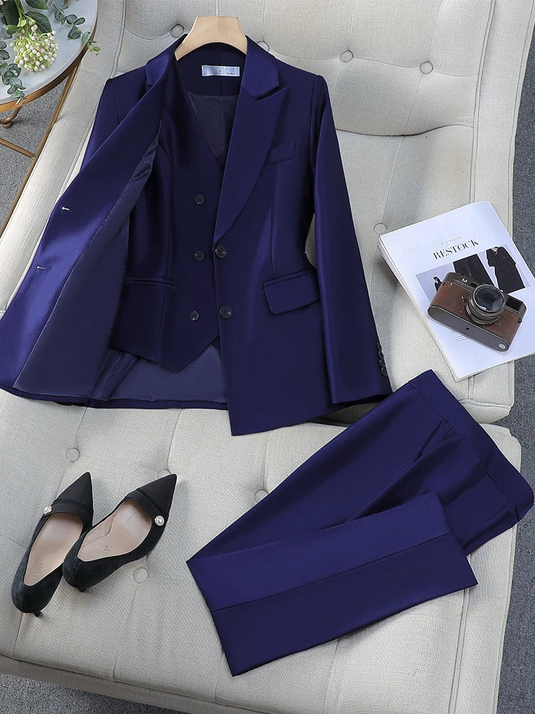 Autumn Winter Women Vest Blazer and Pant Suit Pink Navy Orange Office Ladies Business Work Career Wear Formal 3 Pieces Set