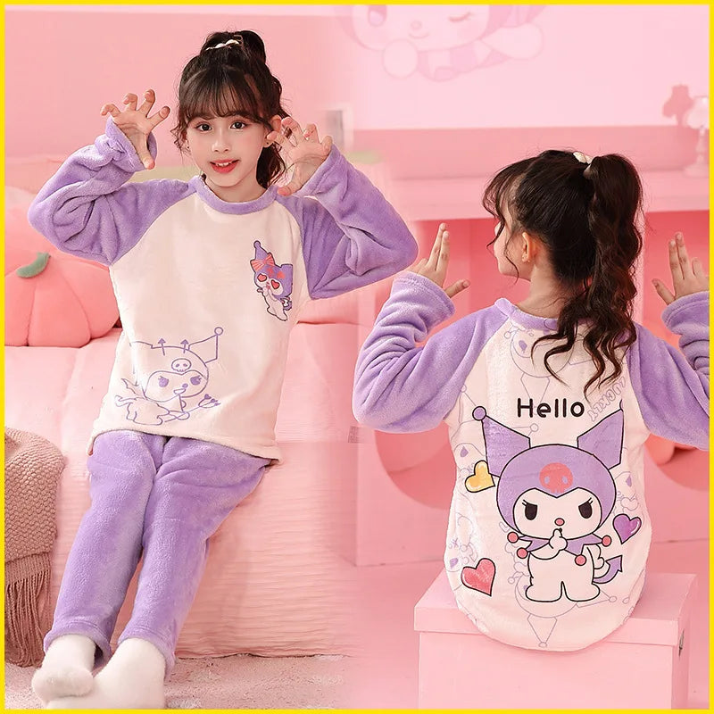 Miniso Children Pajama girl Sets Kawaii Anime Flannel Winter Kids Sleepwear Cute Autumn Pijamas Homewear Girl Warm Loungewear