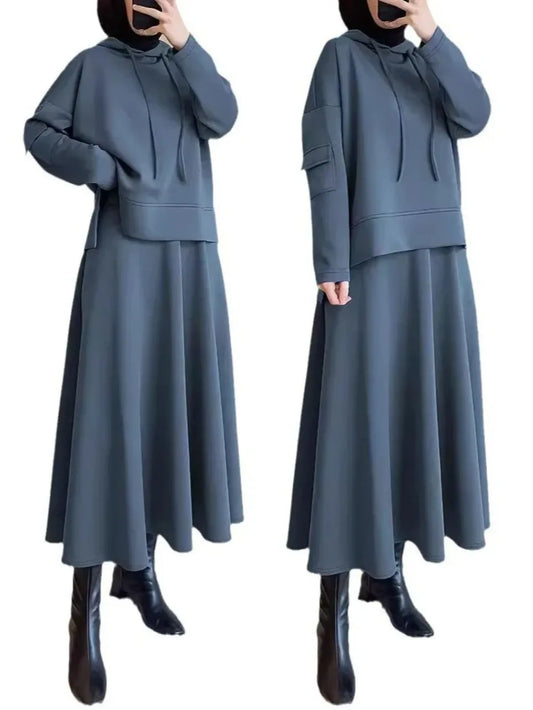 Muslim Hoodie Skirt 2 Piece Sets Women Pocket Hooded Sweatshirt Long Skirts Outfits Ramadan Morocco Dubai Arabic Casual Ensemble