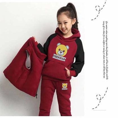 2025 Boys Padded Warm Set Children's Hooded Cartoon Solid Colour 3 Pcs Autumn Winter New Girls Sweatshirt Cute Casual Suit 4-12Y