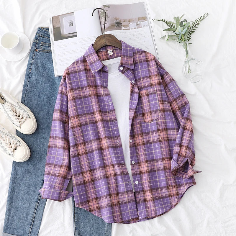 New Fashion Loose Womens Plaid Shirt Fresh College Style Design Blouses And Tops Long Sleeve Casual Female Checked Clothes