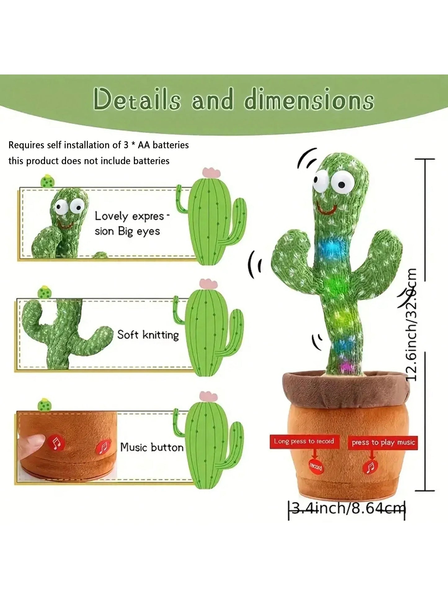 1pc-Dancing Talking Cactus Toys For Baby Boys And Girls, Singing Mimicking Recording Repeating What You Say Sunny Cactus Up Plus (Toy)