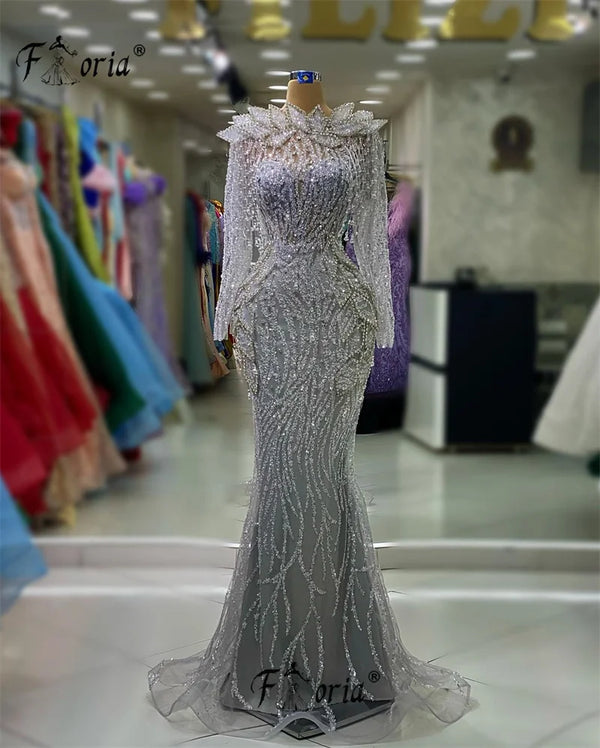 1&Only Couture New Designer Full Beads Crystal Evening Dresses Woman Long Sleeves Celebrity Dresses Dubai Wedding Party Gowns