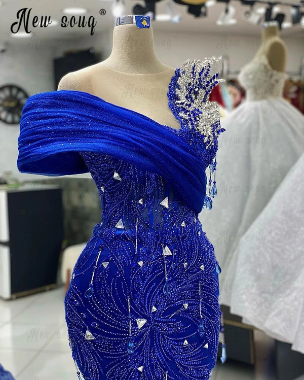 1&Only Luxury Royal Blue Party Dress Silver Crystals Wedding Event Gowns Sash Beaded Long Celebrity Dresses Dubai Vestido De Noiva