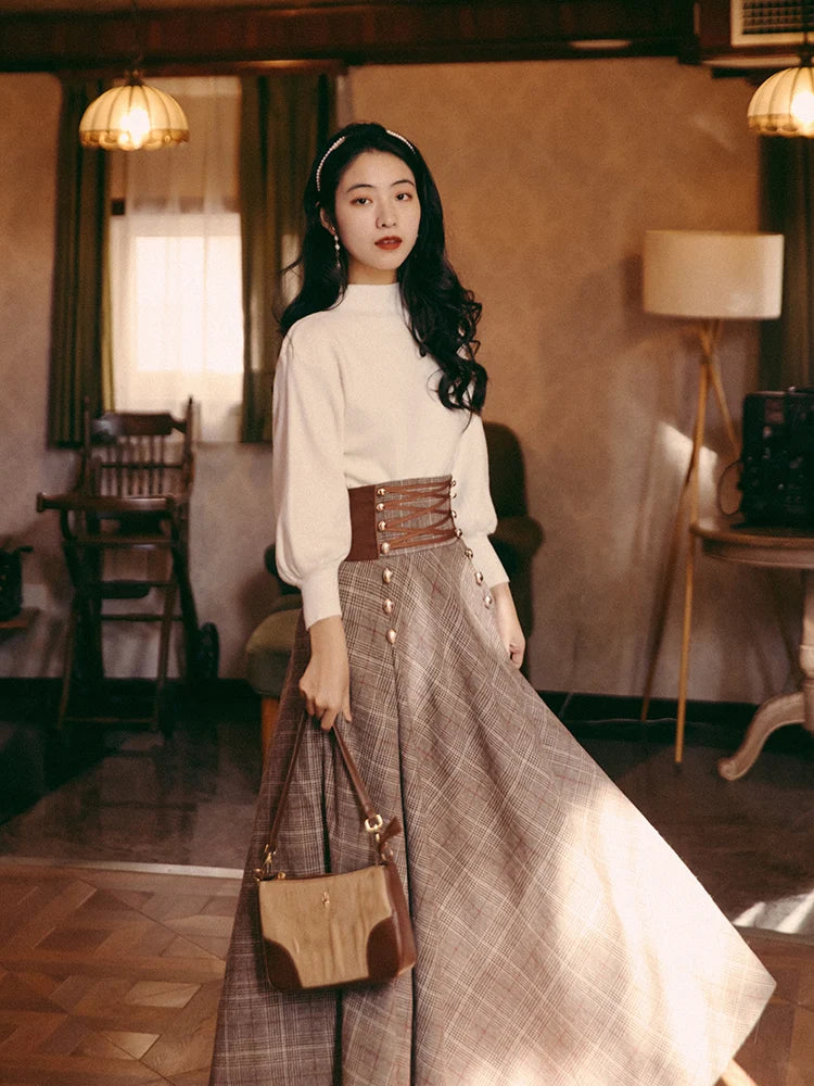 Autumn Winter Maxi Plaid Long Skirt Women High Waist Lace Up A-Line Woolen Skirts Elegant Long Faldas Mujer