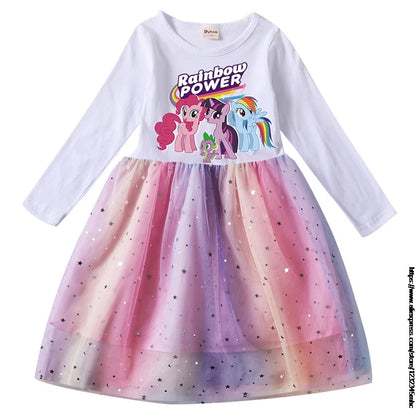 New Girls Dress Cotton Dresses My Little Baby girl pony Mesh Long Sleeves Princess Dress for Girls Birthday Gift