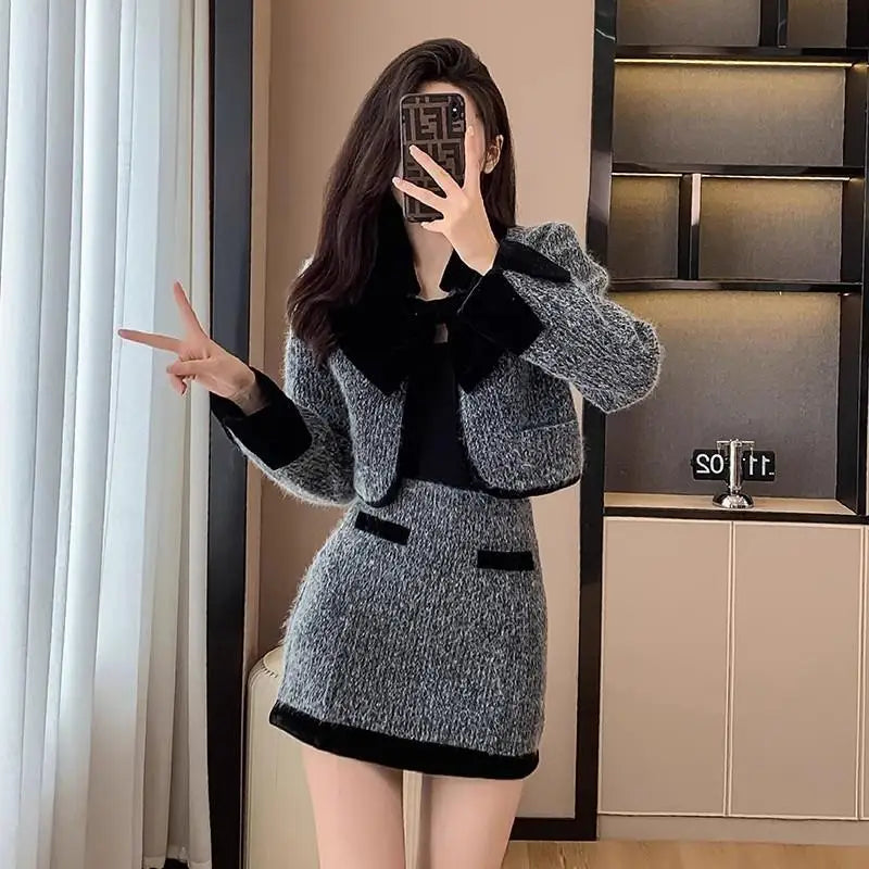 Women's Autumn/winter French Elegant Tweed Suit Skirt Set, Retro Solid Contrasting Woolen Suit Collar Jacket Skirt Two-piece Set