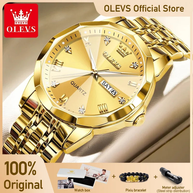 OLEVS Men‘s Watches Gold Original Quartz Wristwatch Waterproof Luminous Watch for Male Rhombus Mirror Date Week Luxury Dress