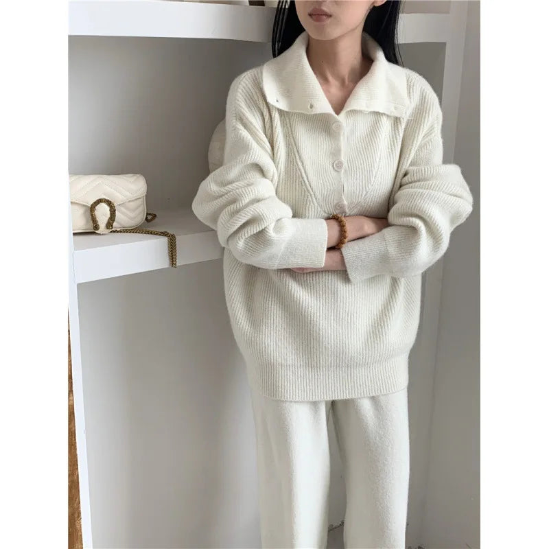 Women Elegant Cashmere Pants Suit for Autumn Winter New Fashion Lapel Sweater Suit Knitwear Casual Pants Female Two-piece Sets