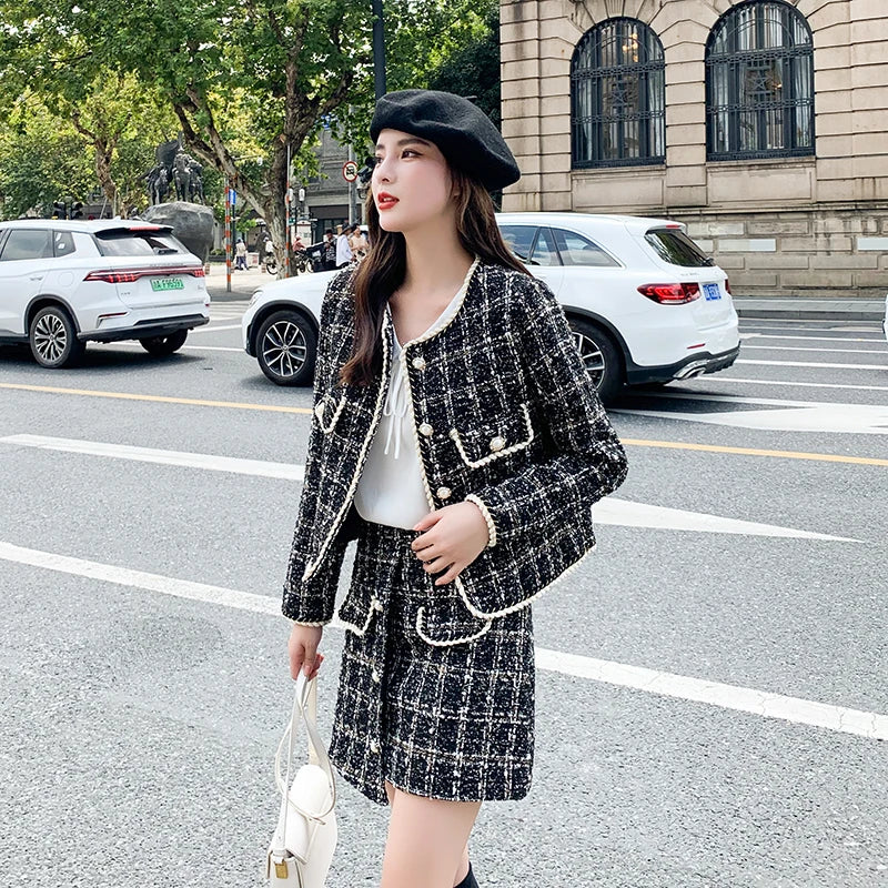 New Runway Tweed Suit Women Pearls Bottons Plaid Short Jacket Coat + Split Mini Skirts Vintage Wool Cashmere Two Piece Set