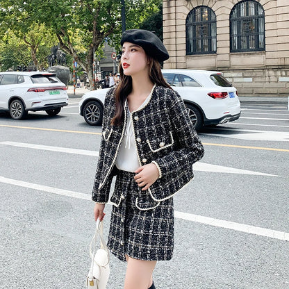 New Runway Tweed Suit Women Pearls Bottons Plaid Short Jacket Coat + Split Mini Skirts Vintage Wool Cashmere Two Piece Set