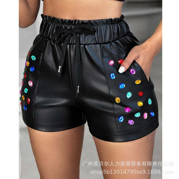 2025 Summer Spring New Women's Closing Color Rhinestone Pu Drawstring Elastic Waist Shorts Pants Sexy Fashion Shorts