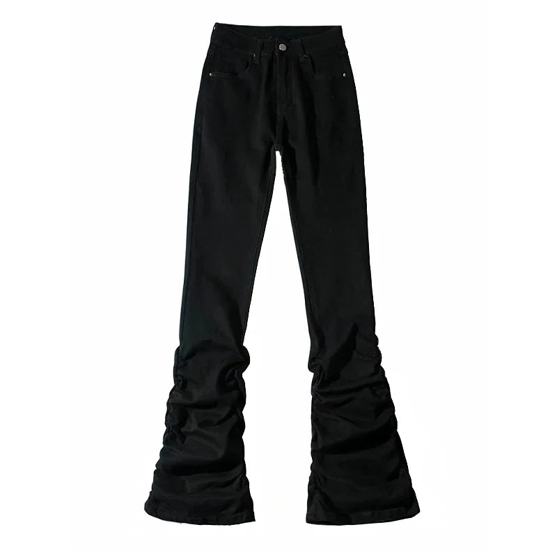 REDDACHiC Black Ruched Flare Jeans Women Solid Stretch Bootcut Stacked Pants High Rise Trousers Harajuku Goth Grunge