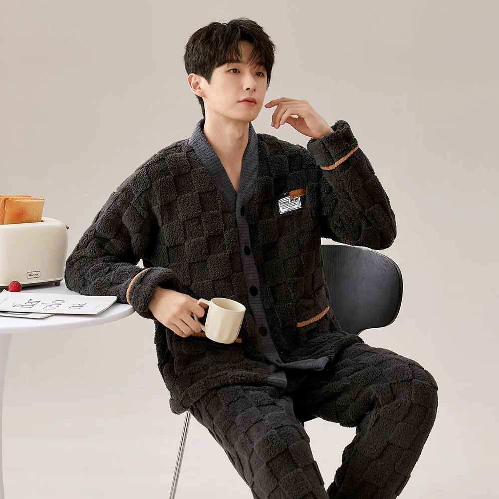 Antistatic Coral Fleece Men's Winter Pajamas Set Thicken Flannel Warm Sleepwear Big Size 3XL Zipper Soft Pajama Men pyjama homme