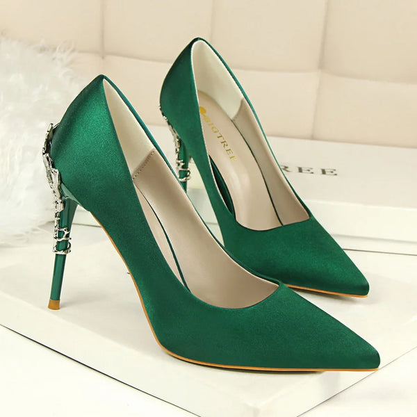 Woman 10cm High Heels Metal Heels Satin Silk Dress Fashion Pumps Lady Wedding Bridal Scarpin Catwalk Shoes