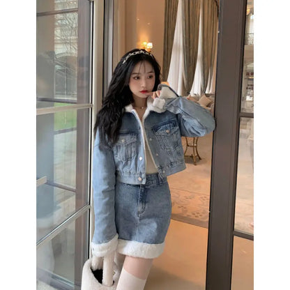 Autumn Winter Korean Edition Suit New Lamb Wool Spliced Denim Coat Women's Short Sweet Cool Half Skirt Two Piece Set Trend