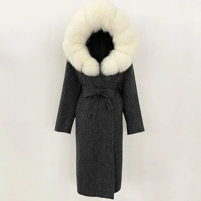 Real Natural Fox Fur Coat Winter Hooded Detachable Collar Fur Jacket Long Woolen Jacket Women Double-faced Casual Overwears