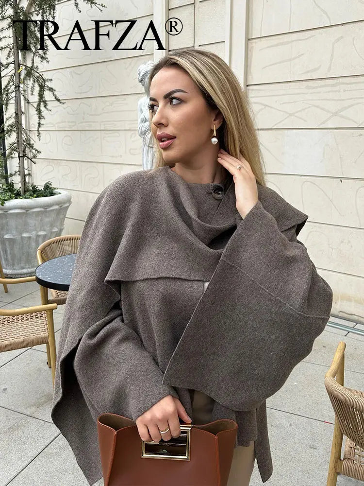 TRAFZA Fashion Burgundy Scarf Collar Woolen Coat For Women Autumn Elegant Long Sleeve Loose Jacket Lady Chic Casual Outwear