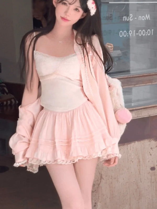 Autumn Solid Pink New Two Piece Set Women Korean Style Sexy Fairy Mini Skirt Suit Female Elegant Casual Sweet Chiffon