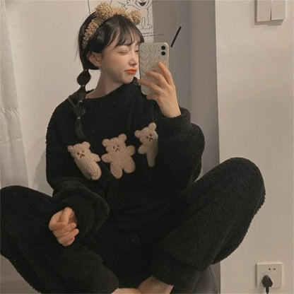 Autumn Winter Pijamas Kawaii Pajama Sets Women Cartoon Sweet Bear  Flannel Sleepwear Girl Pijama Mujer Night Suits Soft Homewear