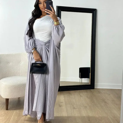 Autumn Winter Fashion Two Piece Set Muslim Women Elegant Solid Long Cardigan Twisted Skirt Two Piece Set