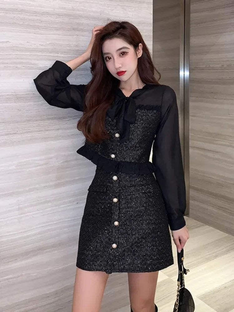 Elegant Commuter Suit Autumn New French Lace-Up Bow Chiffon Ruffle Edge Splicing Shirt+High Waist A-Line Skirt 2-Piece Set Women