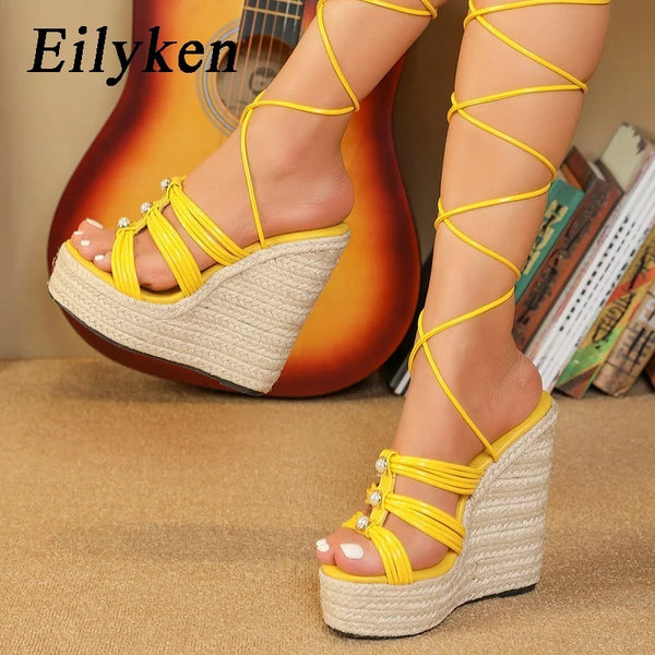 Eilyken Summer Ultra Thick Heels Wedge Platform Women Sandals Fashion Narrow Band Ankle Lace-Up Wedding Party Shoes