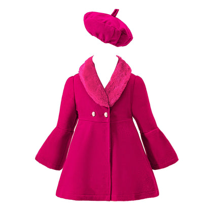 Kids Girls Trench Coat Long Sleeve Furry Collar Warm Peacoat with Beret Hat Set Windproof Jacket Outerwear for Casual Wear