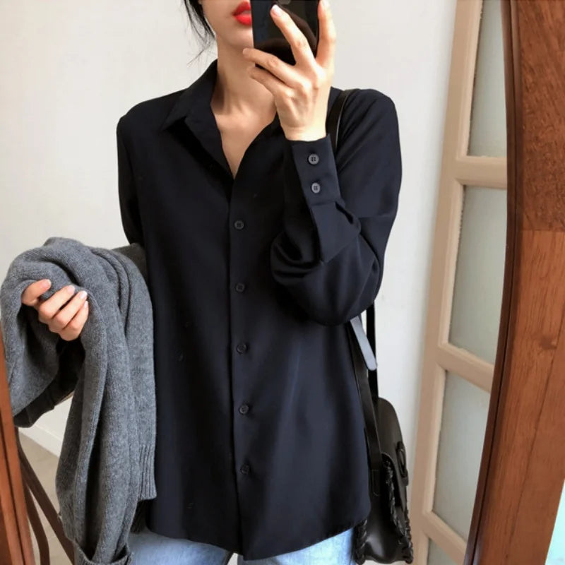 Autumn New Long Sleeve Women Shirts Fashion Turn Down Collor Chiffon Blouses Office Lady Elegant Loose Tops