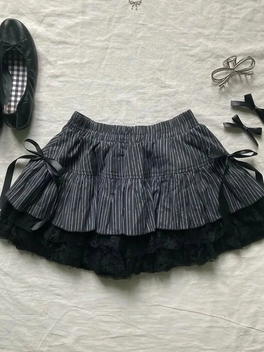 Punk Y2k Skirts Women Clothes Goth Sexy Ropa Aesthetic Stripe High Waist Lace Bow MIni Skirts Grunge Emo Girl 2000s Short Skirt