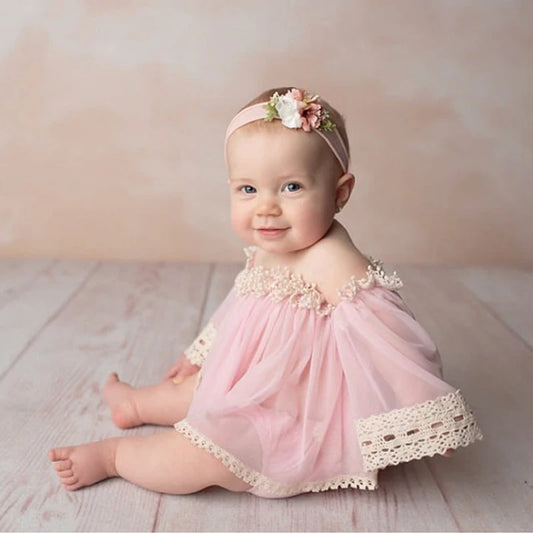 Baby Girl Chiffon Blouse Lacy Fairy Top for Photography Toddler Kids Off-shoulder Dress Lace Shirt with Bowknot Headband 0-4 Yrs