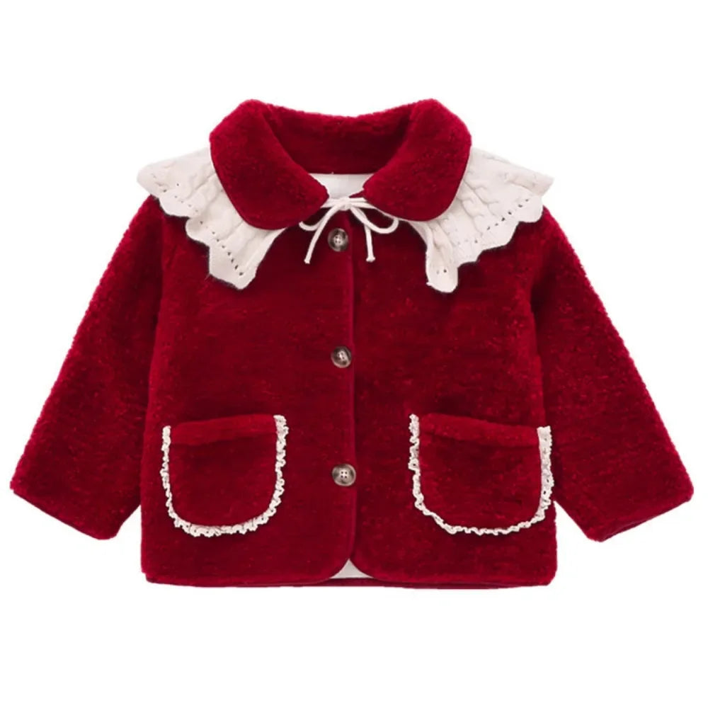 Girls Plus Velvet Thickened Coat Autumn and Winter New Style Little Girl Coat Autumn and Winter Lace Large Lapel Wool Sweater