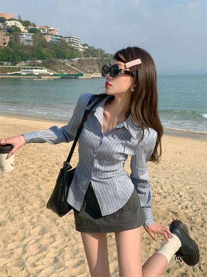 Women Korean Polo Collar Striped Shirts Women New Shirt Waist Hugging Slimming Design Sense  Versatile Top Long Sleeve Blouse