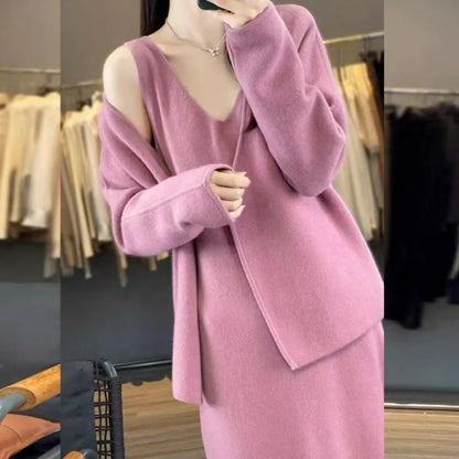 New Autumn Winter Cashmere Two Piece Sets Women Fashion Solid Color Long Sleeve Cardigan Coat + V-neck Sling Dress Elegant Suit