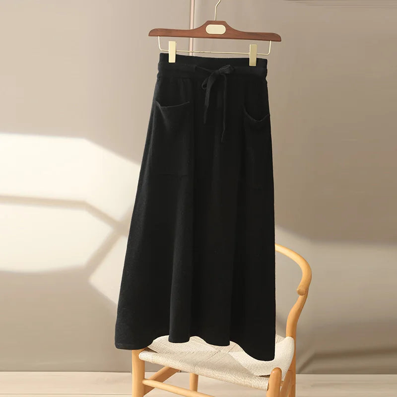 Autumn And Winter100% Pure Wool Skirt Women's Long Pocket Small A Skirt High Waist Slim Cashmere Knit A-Line Skirt