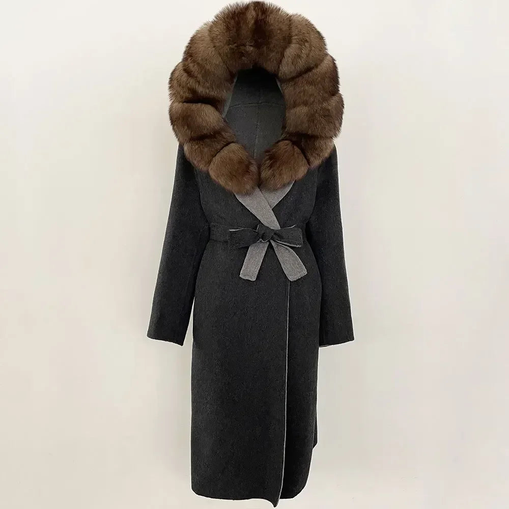 Real Natural Fox Fur Coat Winter Hooded Detachable Collar Fur Jacket Long Woolen Jacket Women Double-faced Casual Overwears