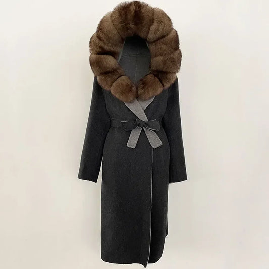 Real Natural Fox Fur Coat Winter Hooded Detachable Collar Fur Jacket Long Woolen Jacket Women Double-faced Casual Overwears