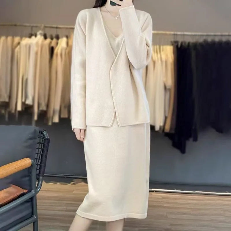 New Autumn Winter Cashmere Two Piece Sets Women Fashion Solid Color Long Sleeve Cardigan Coat + V-neck Sling Dress Elegant Suit