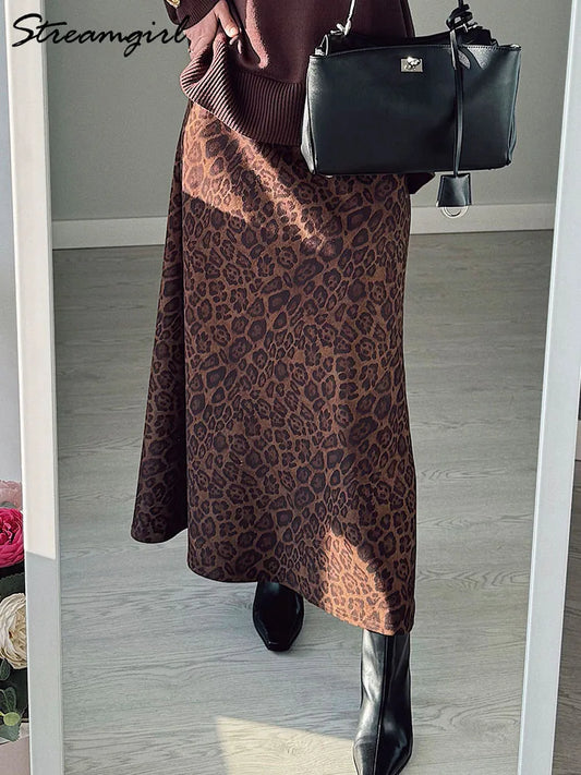 Winter Leopard Print Suede Skirt Long Women Autumn Vintage A Line Brown Maxi Skirts For Women Winter Warm Suede Leopard Skirts