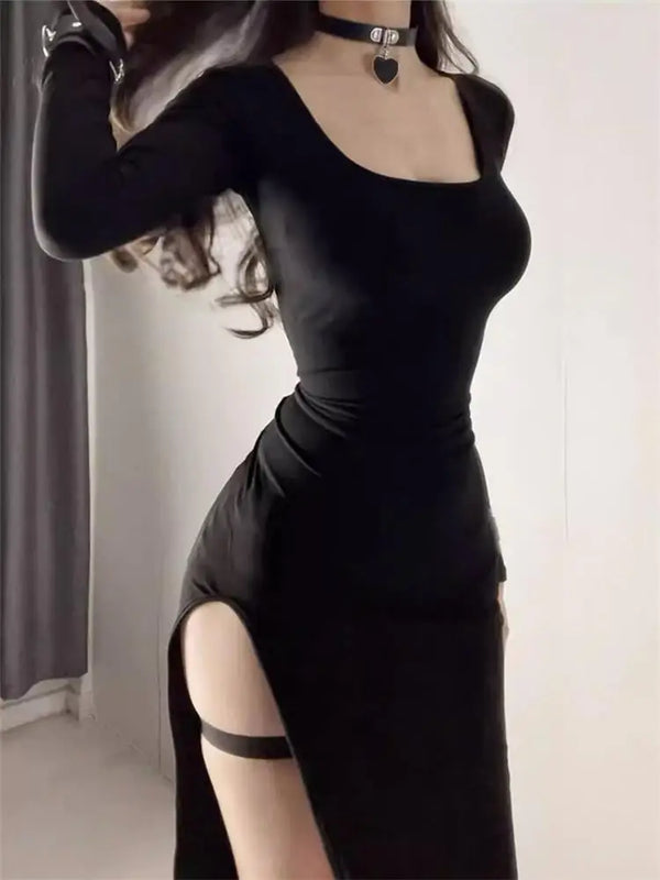 Sexy Side Slit Dress for Women Tight-fitting Wrap Hip Over-the-knee Long Sleeved Dresses Black Street Bodycon Spring Autumn