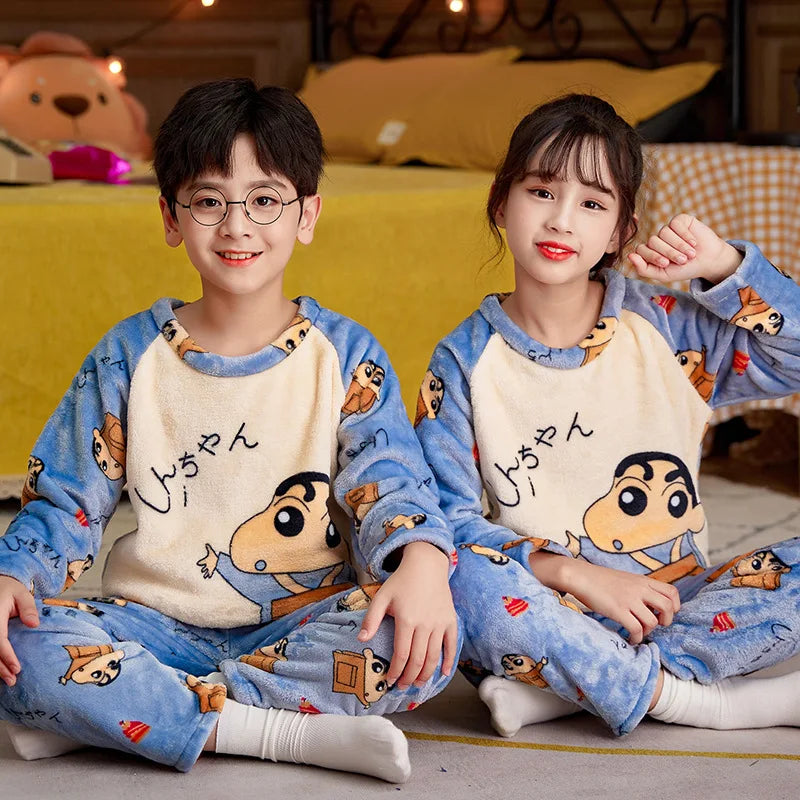 Children Winter Cartoon Pajamas Flannel Sleepwear Girls Nightwear Coral Fleece Kids Pijamas Homewear Boys Pyjama Teenage Clothes