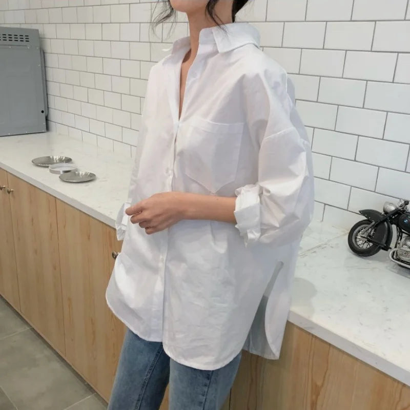 Vintage Long Sleeve Women Shirts Fashion New Loose White Blouse Turndown Collar Tops Office Lady Elegant Clothing