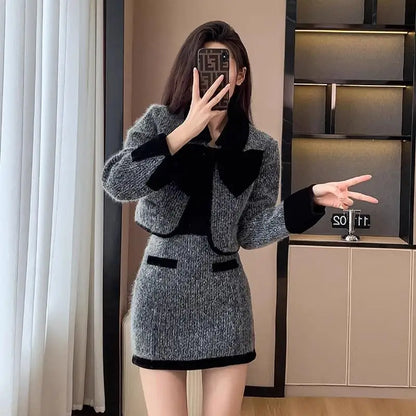 Women's Autumn/winter French Elegant Tweed Suit Skirt Set, Retro Solid Contrasting Woolen Suit Collar Jacket Skirt Two-piece Set