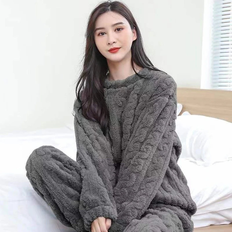 Autumn Women Solid Warm 2 Piece Sets Thicken Velvet Ribbed Fleece Set Pullover And Pants Women Casual