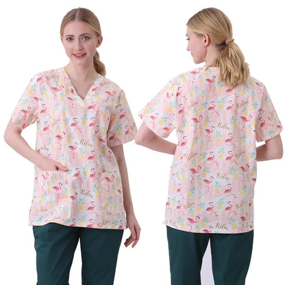 Cartoon Print Women Scrubs Uniform Surgical Top Hospital Doctor Surgery Workwear Dental Clinic Costume Pet Grooming Work Clothes