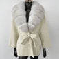 New Belt Pocket Winter Jacket Natural Real Raccoon Fox Fur Blends Wool Coat Women Loose Outerwear Casual Streetwear