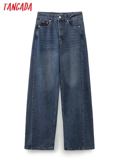 Tangada Women Wide Leg Jeans Pants Trousers Pocket Female High Street Denim Pants