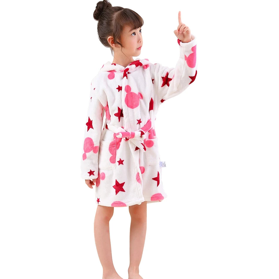 Children Hooded Flannel Bathrobe Robes Adorable Comfortable Cartoon print pattern Boys and Girls Home Wear Casual Sleepwear