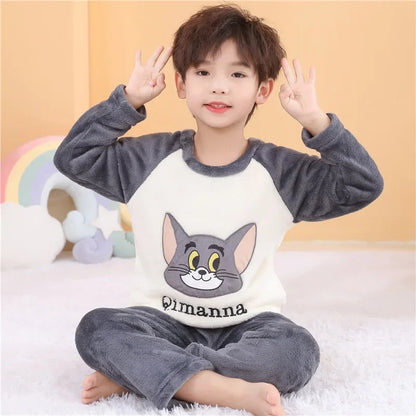 2025 Autumn Winter Children Flannel Pajamas Sets Cute Anime Cartoon Girl Pijamas Boy Warm Sleepwear Miniso Kids Homewear Clothes