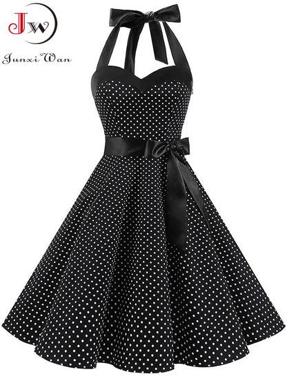 Sexy Halter Party Dress Women Summer Backless Vintage Dresses Retro Rockabilly Swing Robe femme Elegant  Midi Sundress